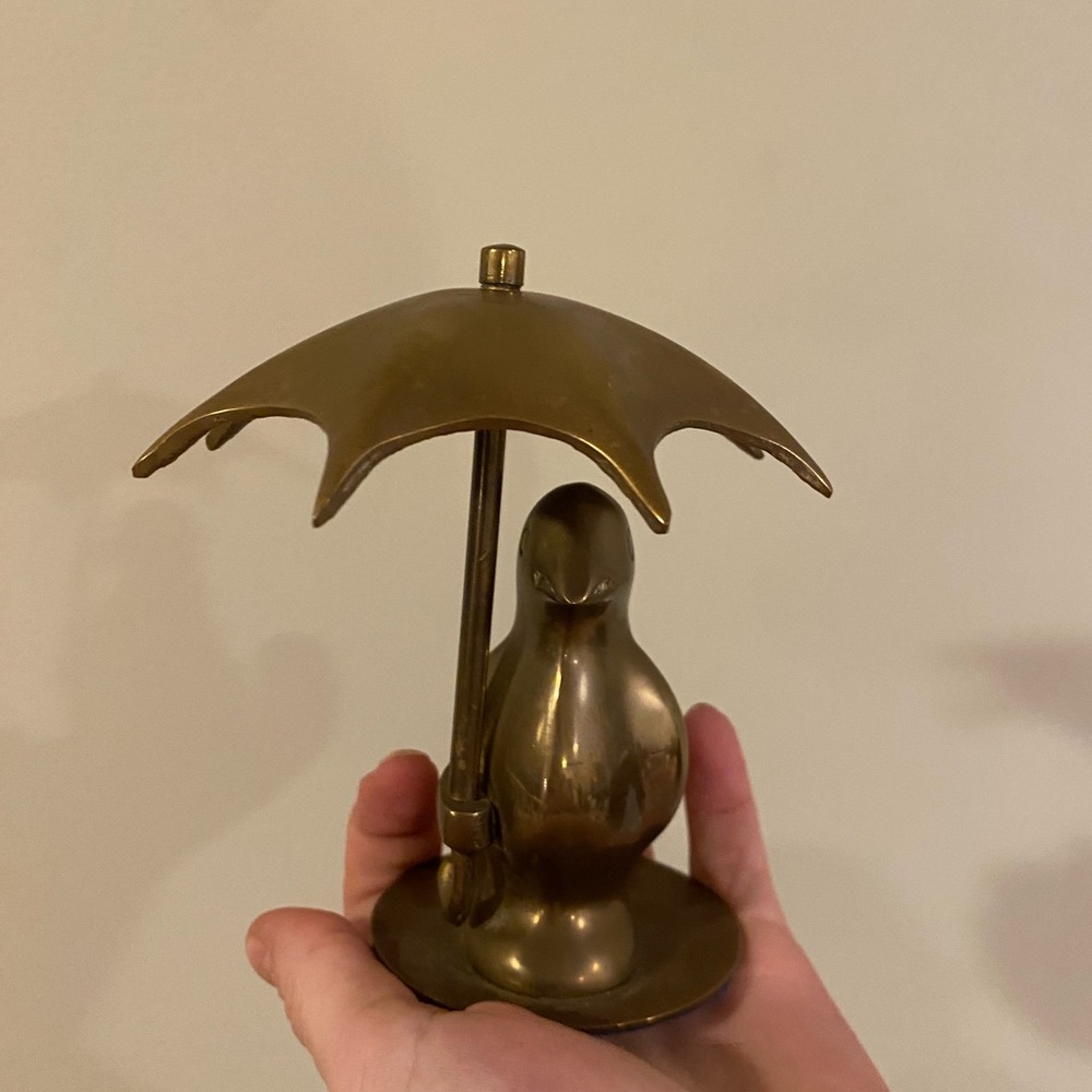 Vintage 1987 Brass Penguin Figurine with Umbrella